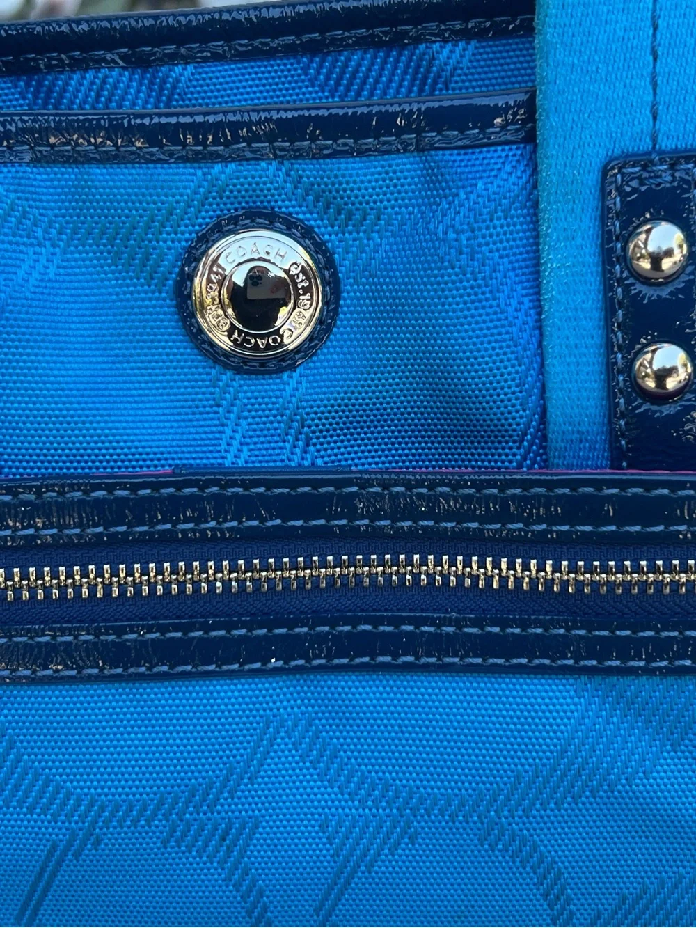 Coach Bright Blue Signature Canvas Tote with Navy Trim